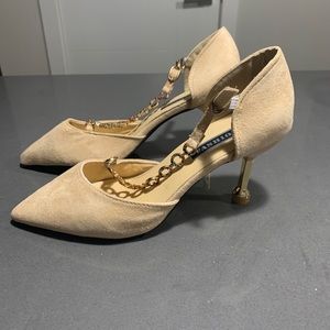 Point Toe Mid Nude Suede Heels